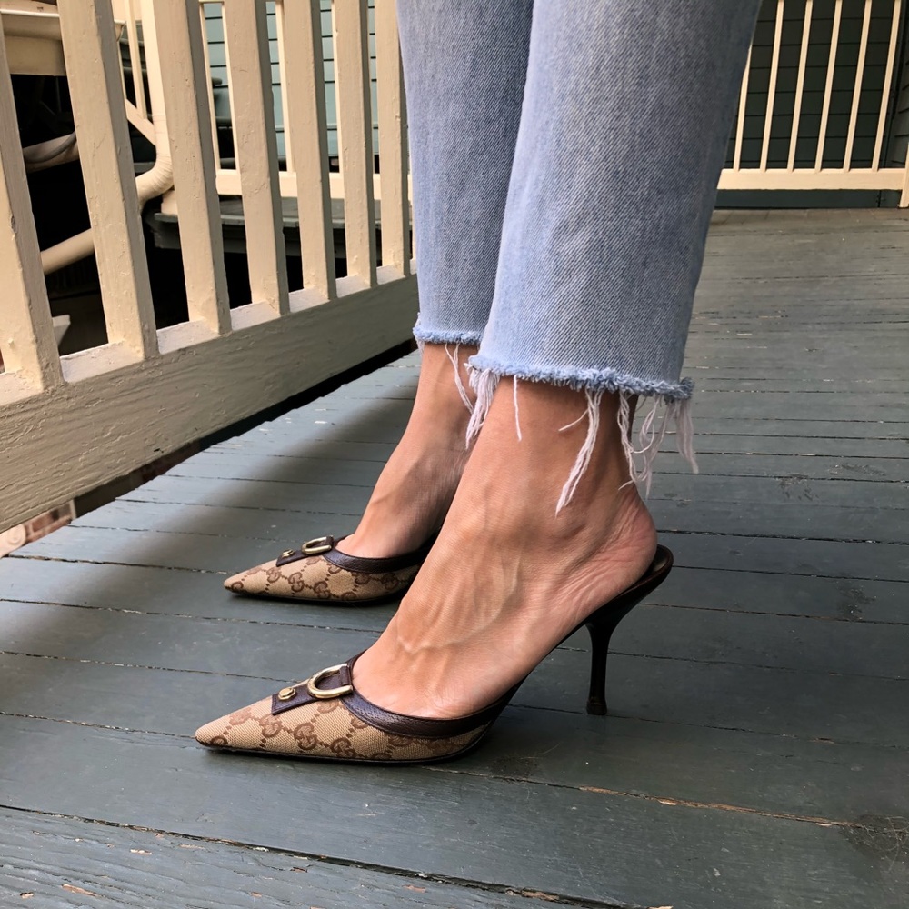 Vintage Gucci Kitten Heels Brown Logo Print Canvas